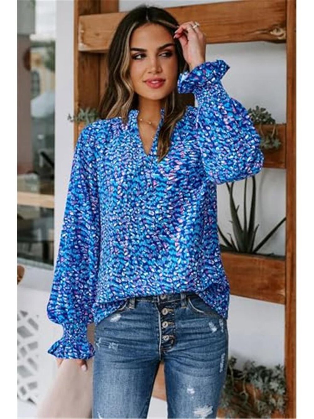 Women's V Neck Floral Long Sleeve Top Summer Casual Loose Puff Sleeve Boho - Picture 3 of 7